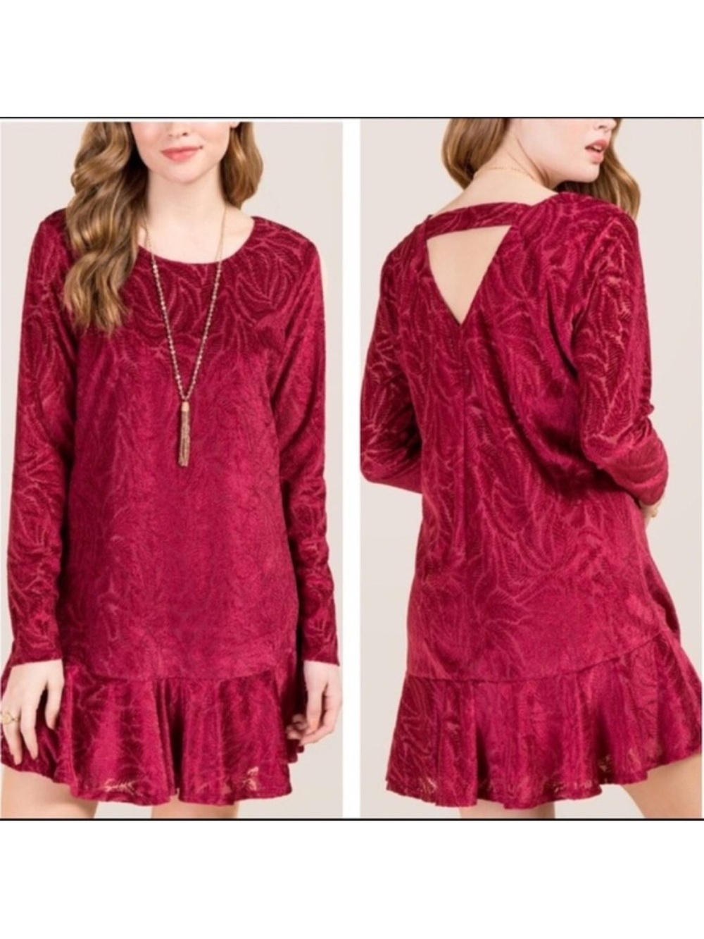 Francesca's Caydin Velvet Flounce Shift Dress Long Sleeve Burgundy Red Large